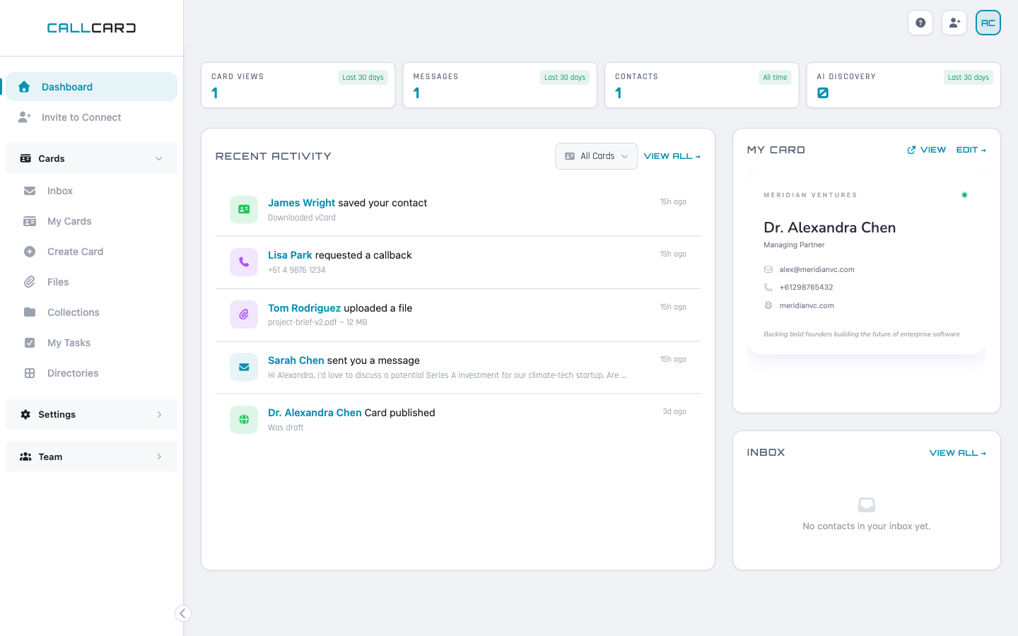 CallCard dashboard showing stats, activity feed, and card preview