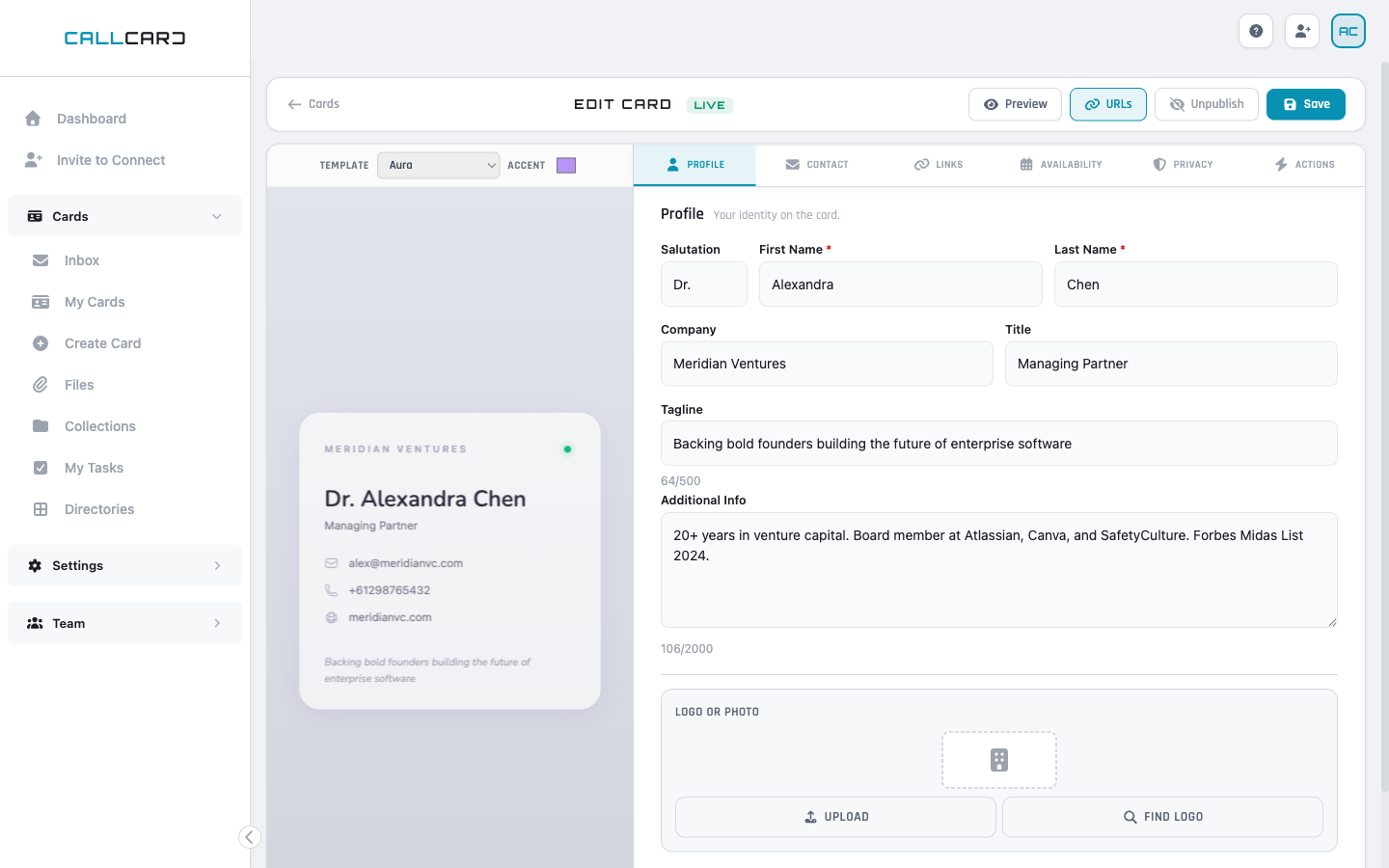 Card editor with live preview