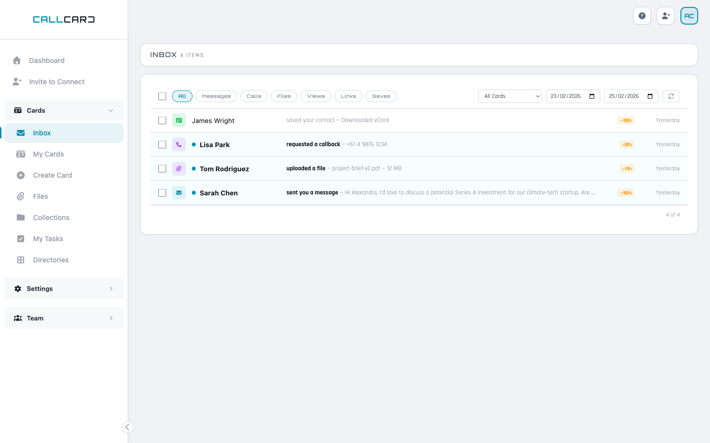 Inbox with visitor messages
